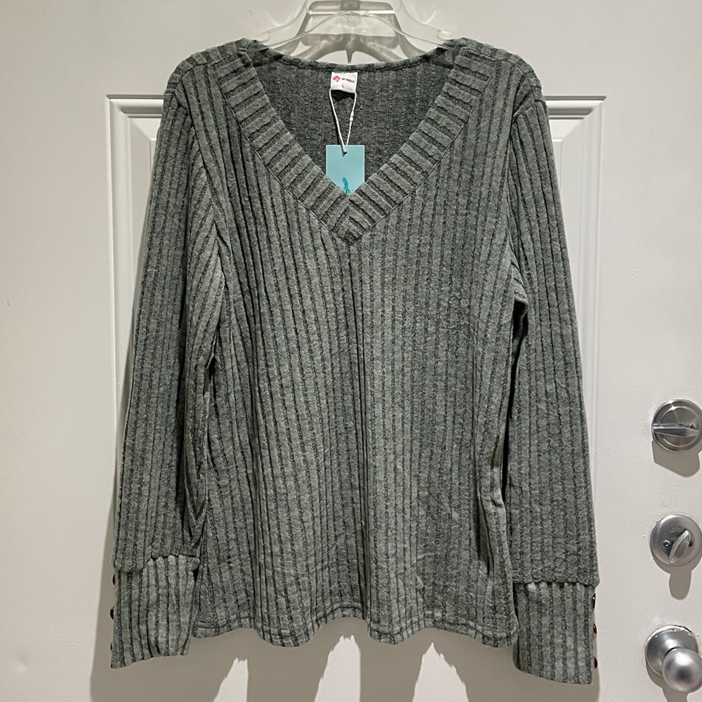 Wiholl Amazon - Moss Green Cozy V-Neck Ribbed Long Sleeve Sweater Top Size Large